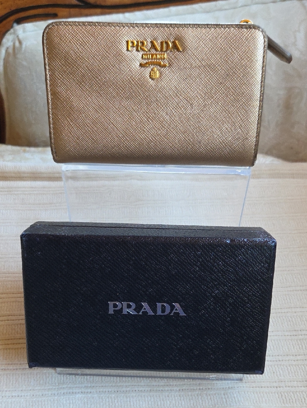 Prada Gold Saffiano Zip-Around Coin Wallet